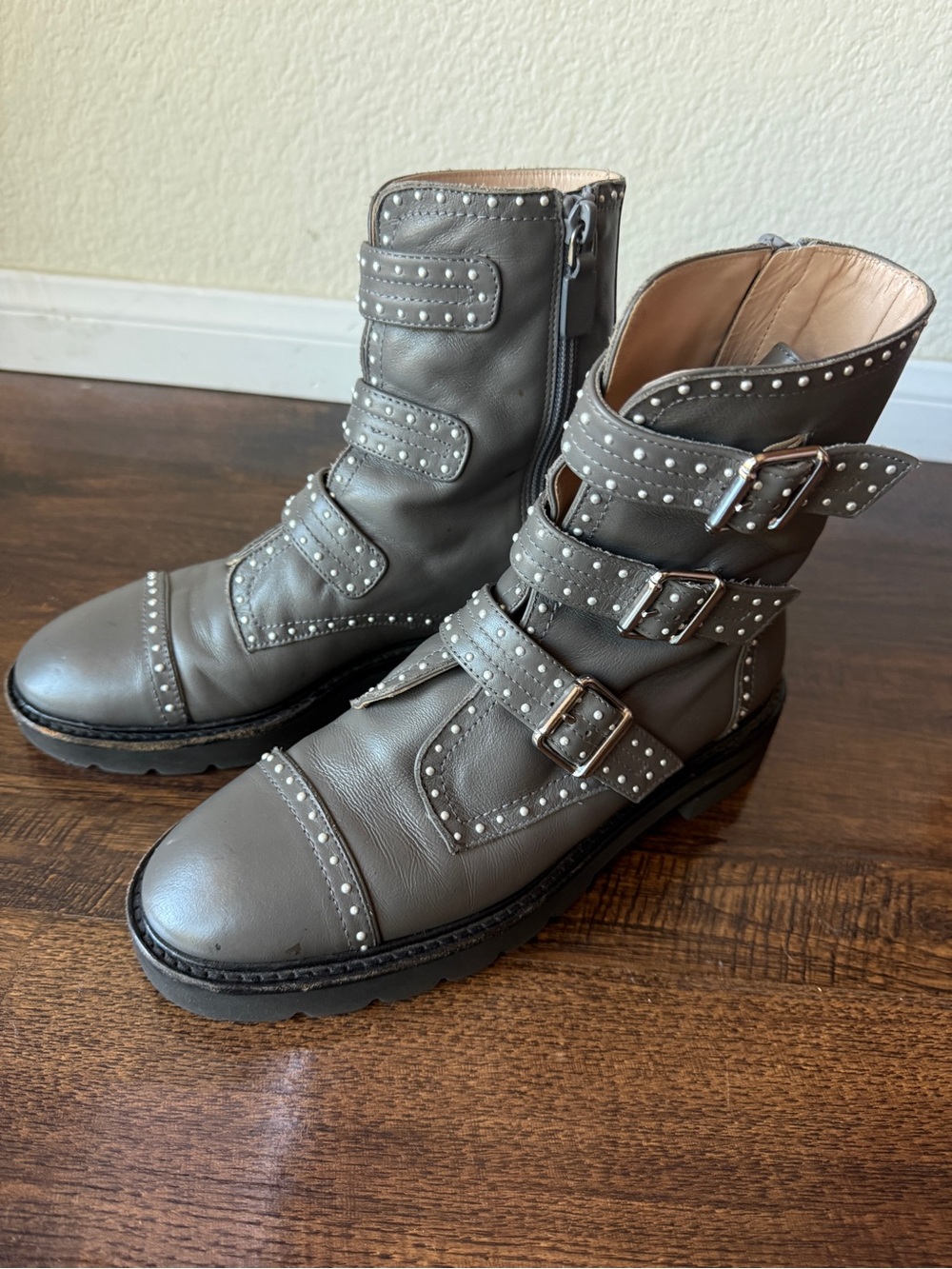 Stuart Weitzman Gray Studded Buckle Combat Boots